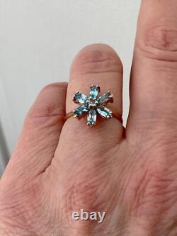 Antique Solid Silver/Rose Gold Ring with 7 Genuine Blue Topazes Flower