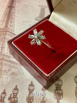 Antique Solid Silver/Rose Gold Ring with 7 Genuine Blue Topazes Flower