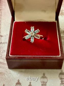 Antique Solid Silver/Rose Gold Ring with 7 Genuine Blue Topazes Flower