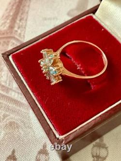 Antique Solid Silver/Rose Gold Ring with 7 Genuine Blue Topazes Flower