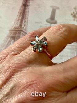 Antique Solid Silver/Rose Gold Ring with 7 Genuine Blue Topazes Flower