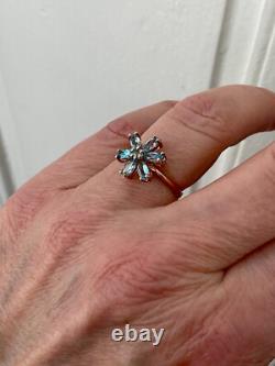 Antique Solid Silver/Rose Gold Ring with 7 Genuine Blue Topazes Flower