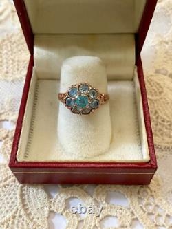 Antique Solid Silver/Rose Gold Vermeil Ring with 8 Genuine Blue Topazes