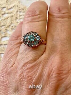Antique Solid Silver/Rose Gold Vermeil Ring with 8 Genuine Blue Topazes
