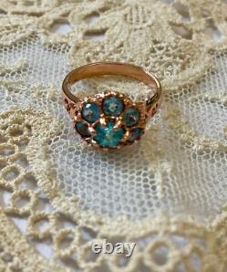 Antique Solid Silver/Rose Gold Vermeil Ring with 8 Genuine Blue Topazes