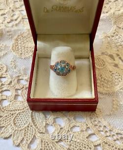 Antique Solid Silver/Rose Gold Vermeil Ring with 8 Genuine Blue Topazes