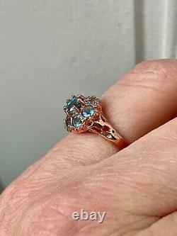 Antique Solid Silver/Rose Gold Vermeil Ring with 8 Genuine Blue Topazes