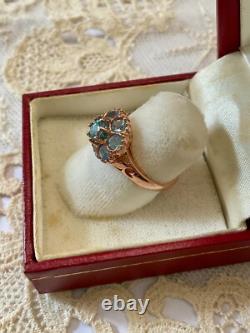 Antique Solid Silver/Rose Gold Vermeil Ring with 8 Genuine Blue Topazes