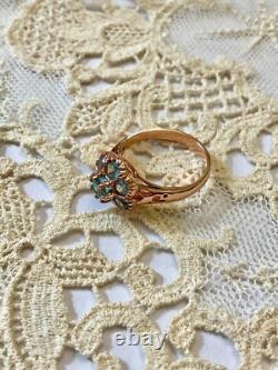 Antique Solid Silver/Rose Gold Vermeil Ring with 8 Genuine Blue Topazes