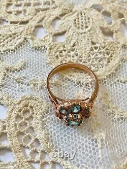 Antique Solid Silver/Rose Gold Vermeil Ring with 8 Genuine Blue Topazes