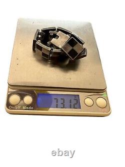 Antique Solid Silver Unisex Vintage Enamel Geometric Mexican Jewelry Bracelet