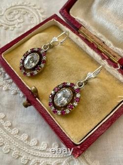 Antique Solid Silver Vermeil Earrings with Genuine Rubies & Topazes