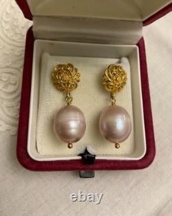 Antique Solid Silver Vermeil Earrings with a Huge Pink Pearl