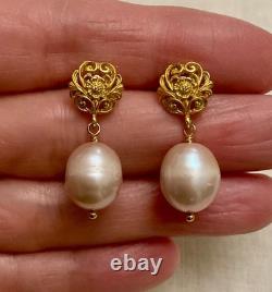 Antique Solid Silver Vermeil Earrings with a Huge Pink Pearl