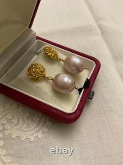 Antique Solid Silver Vermeil Earrings with a Huge Pink Pearl