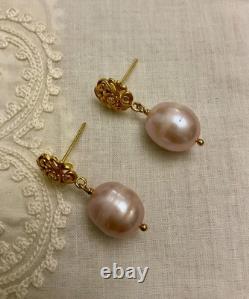 Antique Solid Silver Vermeil Earrings with a Huge Pink Pearl