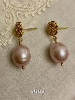 Antique Solid Silver Vermeil Earrings with a Huge Pink Pearl