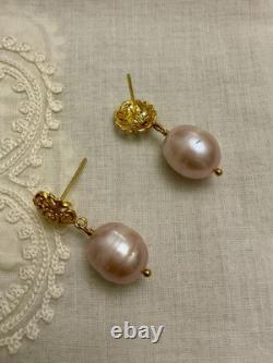 Antique Solid Silver Vermeil Earrings with a Huge Pink Pearl