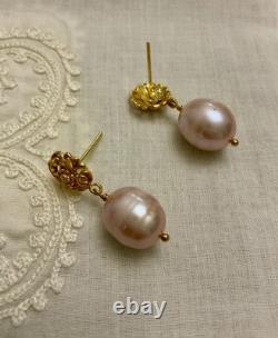 Antique Solid Silver Vermeil Earrings with a Huge Pink Pearl