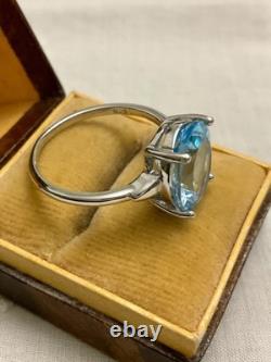 Antique Solid Silver/White Gold Vermeil Ring, Genuine Blue Topaz
