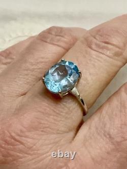 Antique Solid Silver/White Gold Vermeil Ring, Genuine Blue Topaz