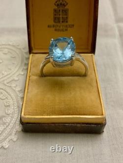 Antique Solid Silver/White Gold Vermeil Ring, Genuine Blue Topaz