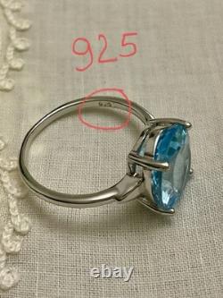 Antique Solid Silver/White Gold Vermeil Ring, Genuine Blue Topaz