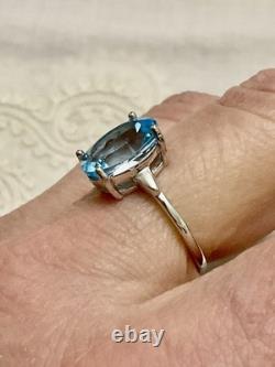 Antique Solid Silver/White Gold Vermeil Ring, Genuine Blue Topaz