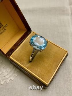 Antique Solid Silver/White Gold Vermeil Ring, Genuine Blue Topaz