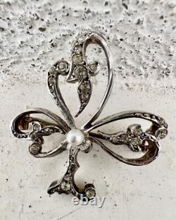 Antique Solid Silver and Vermeil Art Nouveau Brooch with Pearl Clover Motif Vintage