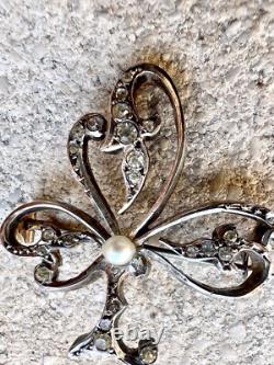 Antique Solid Silver and Vermeil Art Nouveau Brooch with Pearl Clover Motif Vintage