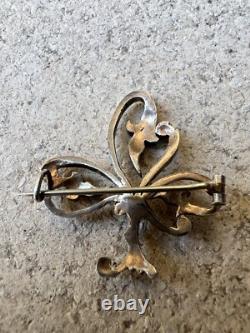 Antique Solid Silver and Vermeil Art Nouveau Brooch with Pearl Clover Motif Vintage