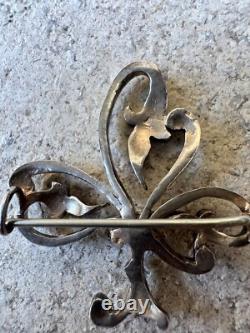 Antique Solid Silver and Vermeil Art Nouveau Brooch with Pearl Clover Motif Vintage