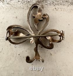 Antique Solid Silver and Vermeil Art Nouveau Brooch with Pearl Clover Motif Vintage