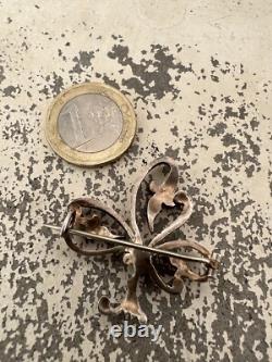 Antique Solid Silver and Vermeil Art Nouveau Brooch with Pearl Clover Motif Vintage