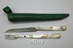 Antique Travel Cutlery Knife Sterling Silver Mother Of Pearl Gold Case Galuchat Xviiieme