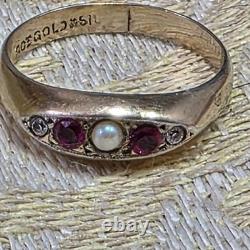 Antique Vermeil Garter Ring with Ruby, Fine Pearl & Zircons, 19th Century Vintage