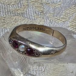 Antique Vermeil Garter Ring with Ruby, Fine Pearl & Zircons, 19th Century Vintage