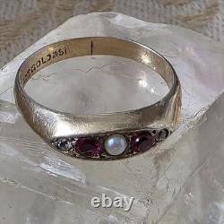 Antique Vermeil Garter Ring with Ruby, Fine Pearl & Zircons, 19th Century Vintage