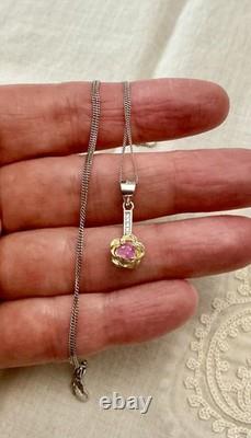 Antique Vermeil Pendant Necklace in Solid Silver, Rubies and Topazes