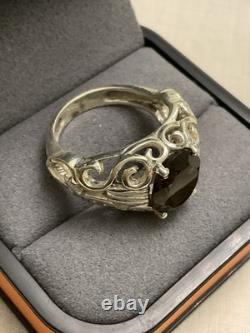 Antique Very Ornate Solid Silver Ring Beautiful Smoky Topaz
