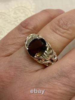 Antique Very Ornate Solid Silver Ring Beautiful Smoky Topaz