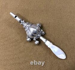 Antique Whistle Rattle with 4 Silver Bells, in Good Condition, Pearl Handle, 19th Century