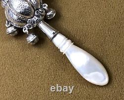 Antique Whistle Rattle with 4 Silver Bells, in Good Condition, Pearl Handle, 19th Century