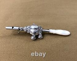 Antique Whistle Rattle with 4 Silver Bells, in Good Condition, Pearl Handle, 19th Century