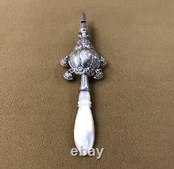 Antique Whistle Rattle with 4 Silver Bells, in Good Condition, Pearl Handle, 19th Century