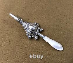 Antique Whistle Rattle with 4 Silver Bells, in Good Condition, Pearl Handle, 19th Century