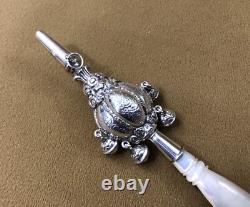 Antique Whistle Rattle with 4 Silver Bells, in Good Condition, Pearl Handle, 19th Century
