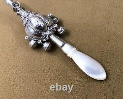 Antique Whistle Rattle with 4 Silver Bells, in Good Condition, Pearl Handle, 19th Century