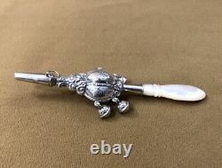Antique Whistle Rattle with 4 Silver Bells, in Good Condition, Pearl Handle, 19th Century